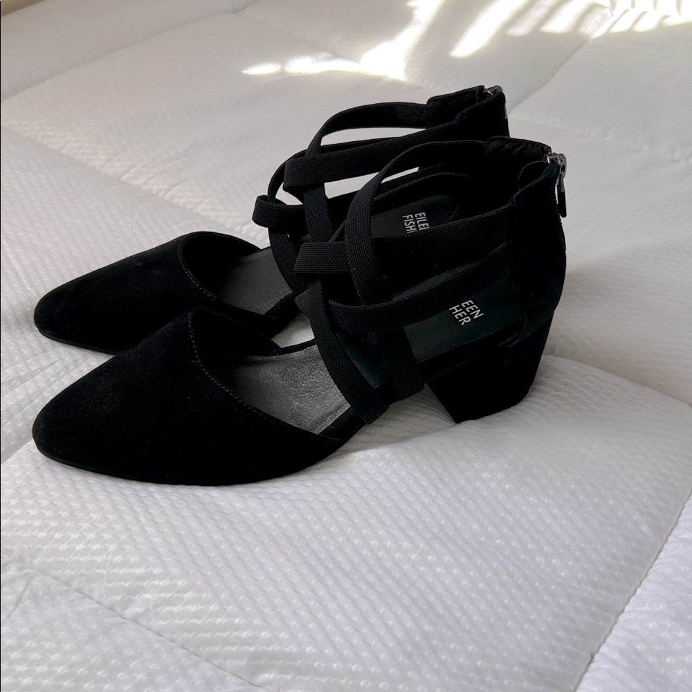 Eileen Fisher Black Suede Ankle Strap Block Heel Pumps